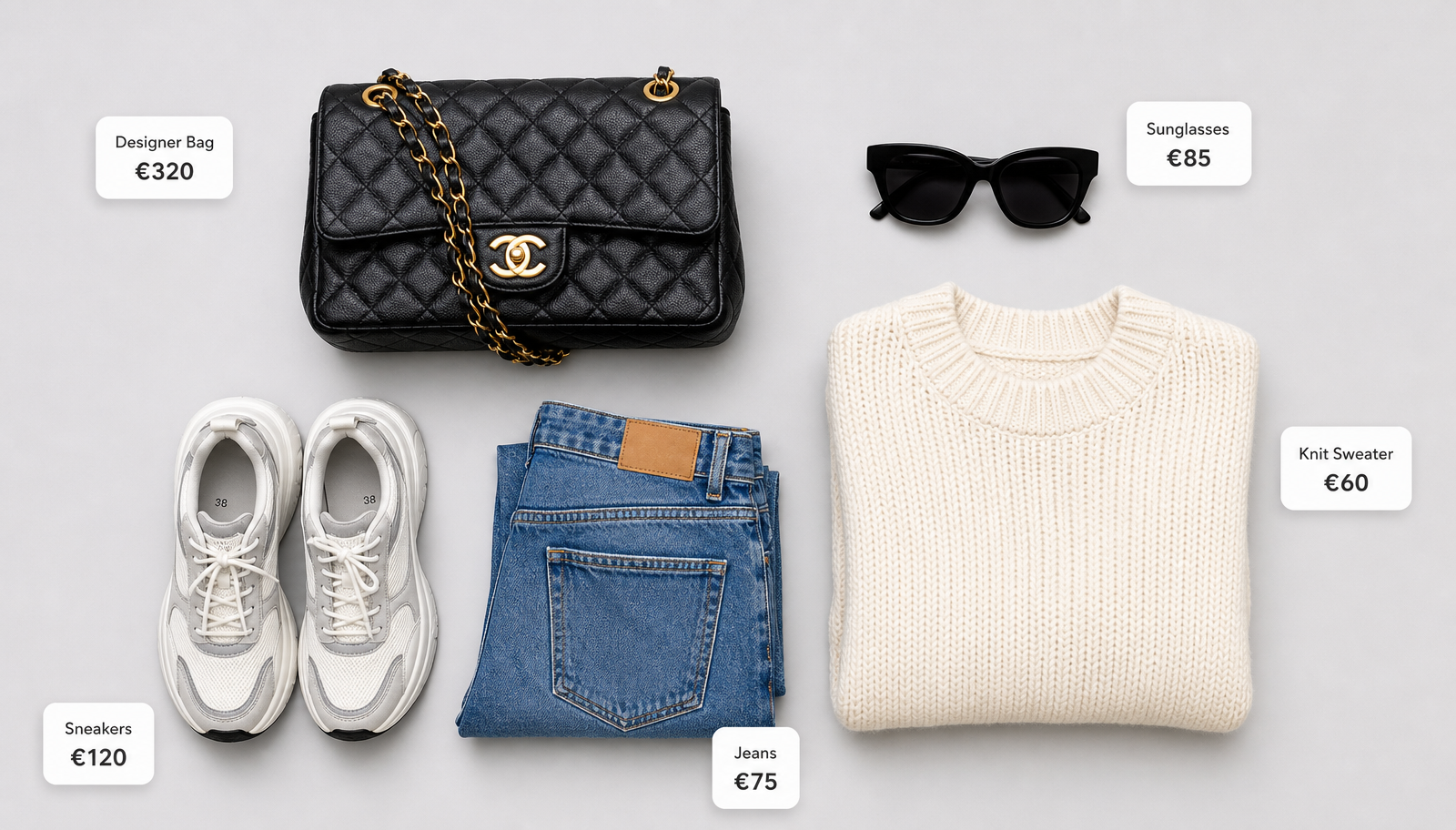 Fünf erkannte Artikel mit Preisschildern auf grauem Hintergrund: Tasche, Sonnenbrille, Pullover, Sneaker, Jeans
